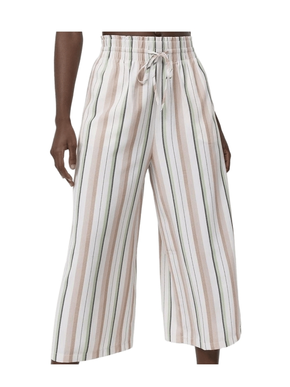 stradivarius Cream, Beige & Green Striped Wide-Leg Cropped Pants